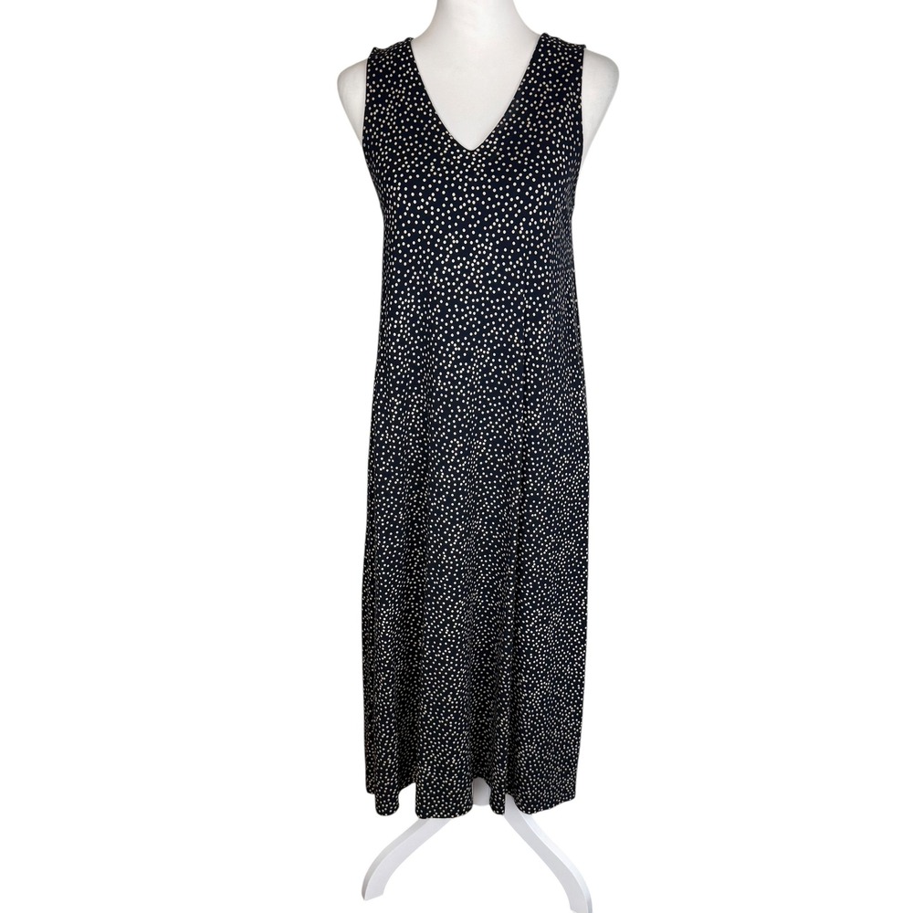 J. Jill Wearever Navy Polka Dot V-Neck Midi Dress Sleeveless Keyhole Back XS